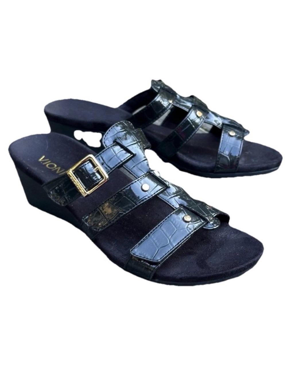 Vionic Radia Black Patent Leather Crocodile Sandals Womens Size 7 Buckle